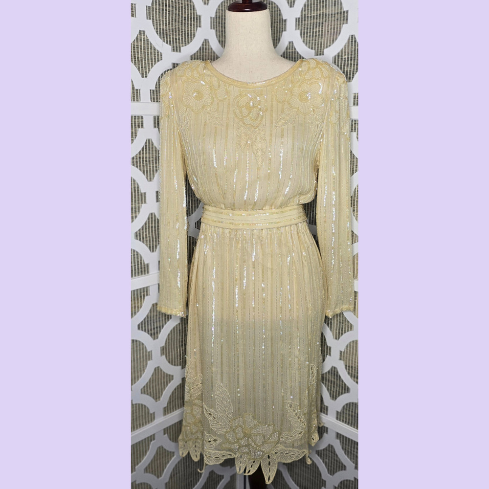 Crystal Evenings Wear Vintage 80's/90's Ivory Silk Beaded Sequin Dress Size M